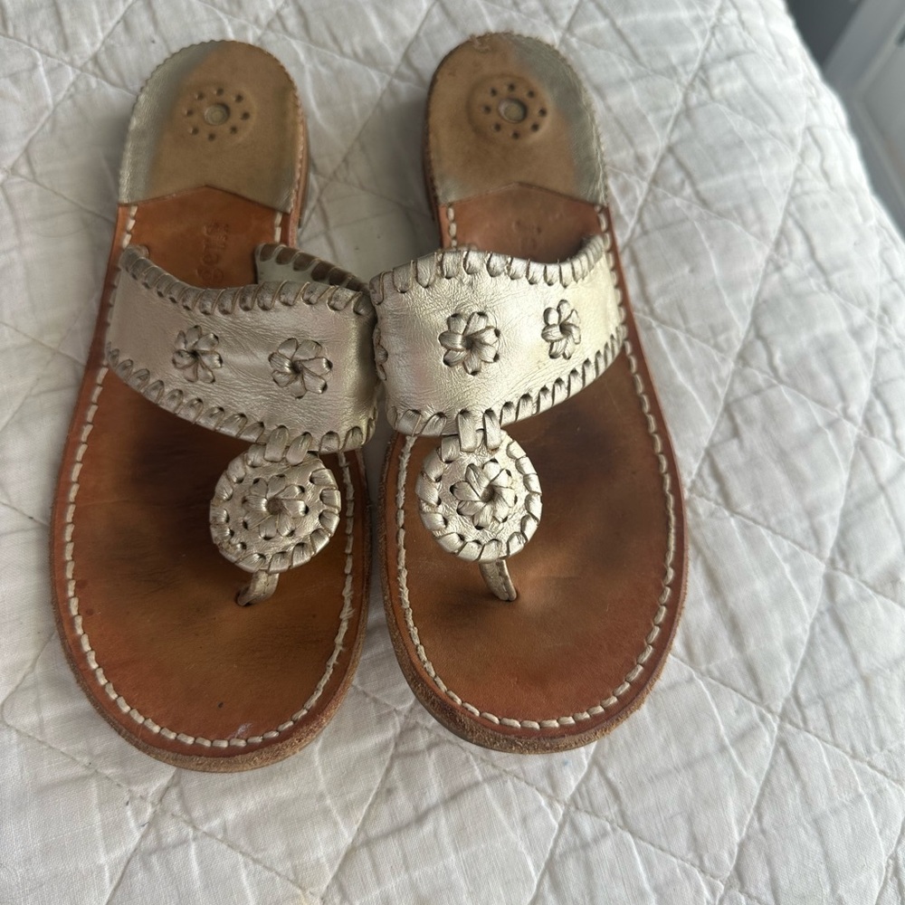 Jack Rogers Metallic Silver Braided Leather Thong Sandals